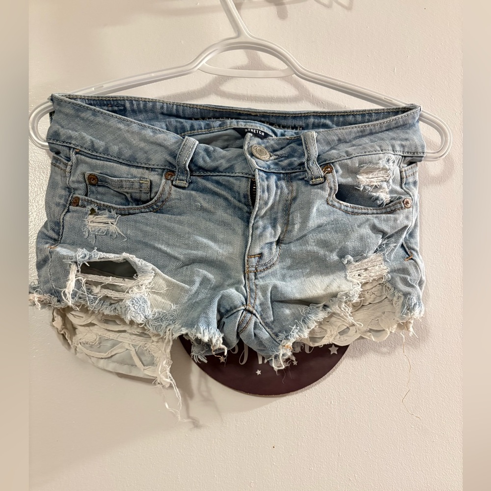 AMERICAN EAGLE Distressed Light Blue Denim Shorts